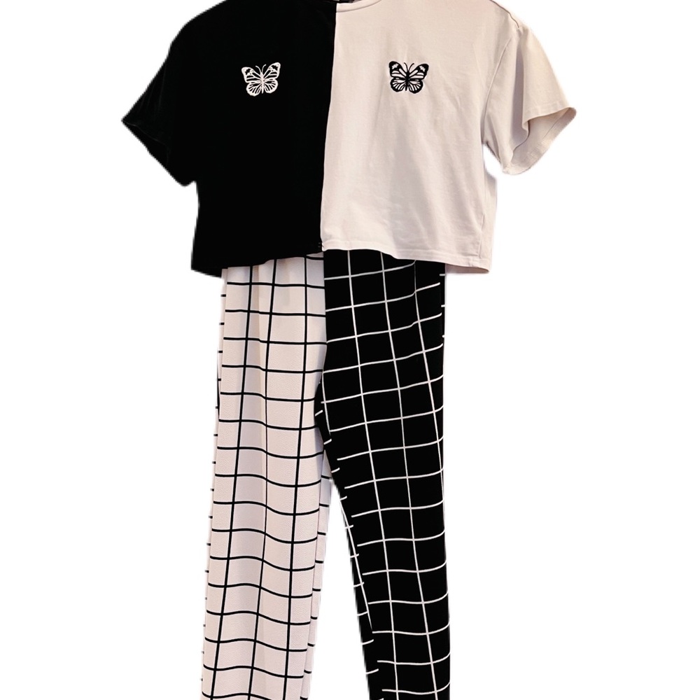 ♥️SOLD♥️SHEIN Girls Two Tone Butterfly Embroidery Top & Grid Pants Set - Picture 3 of 12